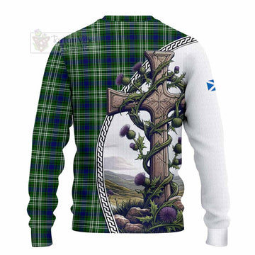 Purves Tartan Knitted Sweater with Family Crest and St. Andrew's Cross Accented by Thistle Vines - Tartan Vibes Clothing