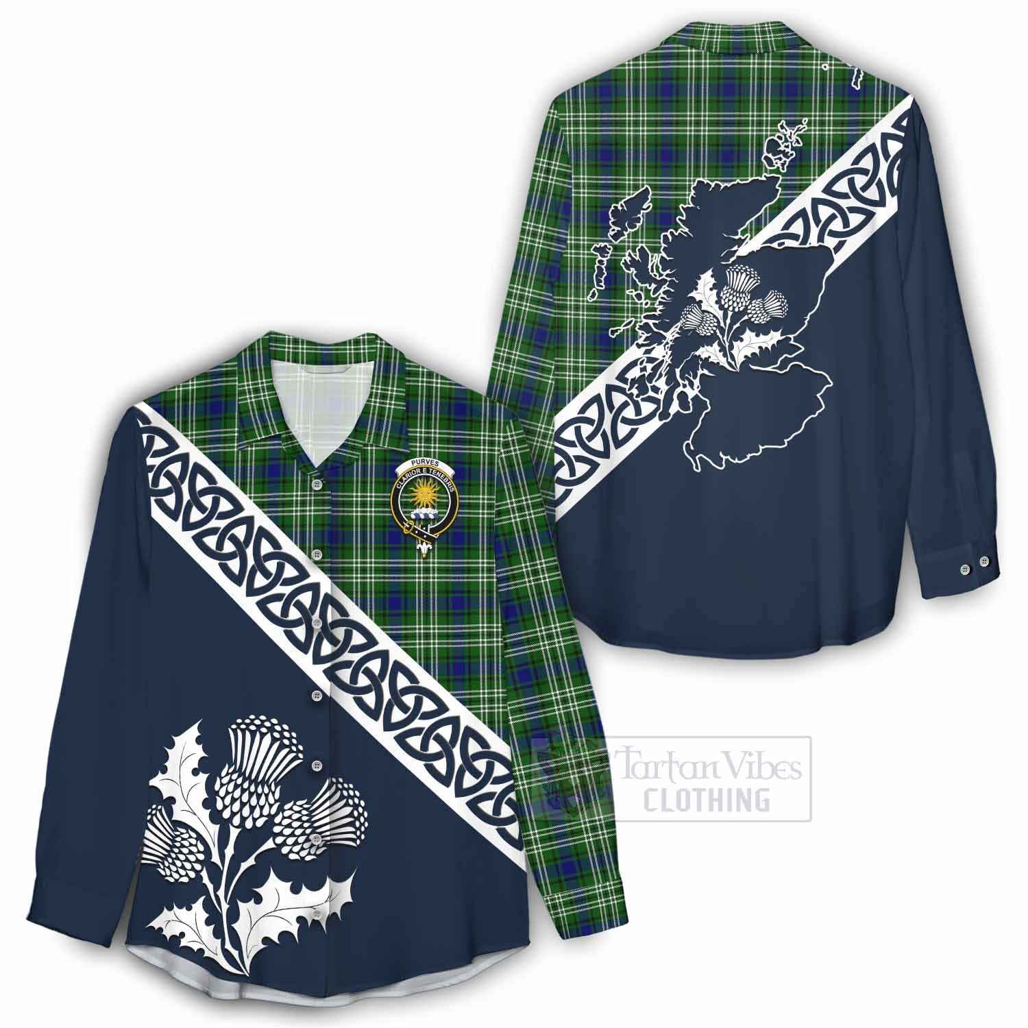 Purves Tartan Women's Casual Shirt Featuring Thistle and Scotland Map - Tartan Vibes Clothing