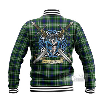 Purves Tartan Baseball Jacket with Family Crest Celtic Skull Style - Tartan Vibes Clothing