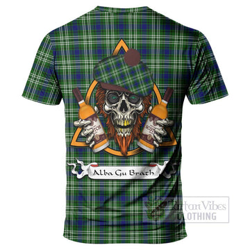Tartan Vibes Clothing Purves Tartan T-Shirt with Family Crest and Bearded Skull Holding Bottles of Whiskey