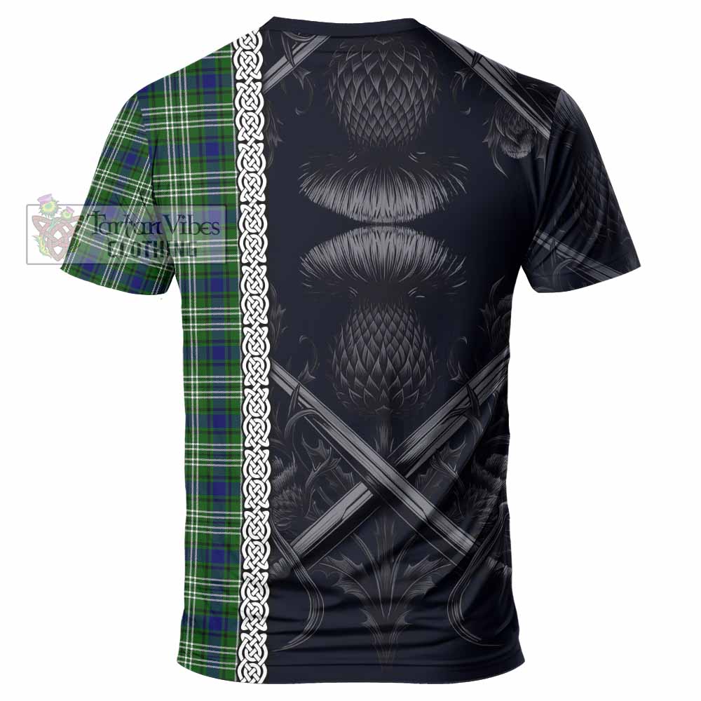 Tartan Vibes Clothing Purves Tartan T-Shirt with Family Crest Cross Sword Thistle Celtic Vibes