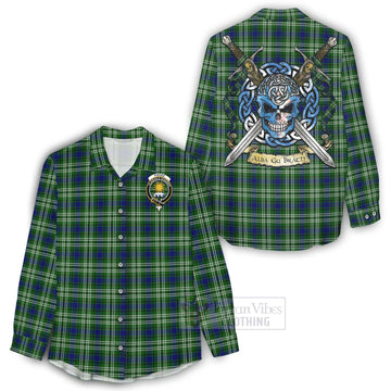 Purves Tartan Women's Casual Shirt with Family Crest Celtic Skull Style - Tartan Vibes Clothing