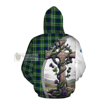 Purves Tartan Cotton Hoodie with Family Crest and St. Andrew's Cross Accented by Thistle Vines Pullover Hoodie - Tartan Vibes Clothing