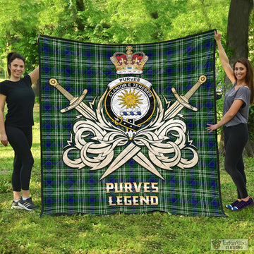 Purves Tartan Quilt with Clan Crest and the Golden Sword of Courageous Legacy - Tartan Vibes Clothing