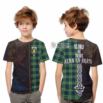 Purves Tartan Family Crest Kid T-Shirt Alba Gu Brath Be Brave Lion Ancient Style