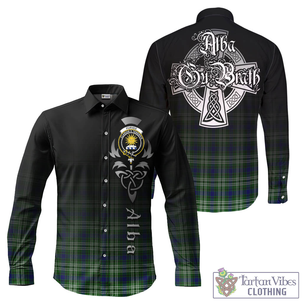 Purves Tartan Long Sleeve Button Up Featuring Alba Gu Brath Family Crest Celtic Inspired - Tartan Vibes Clothing