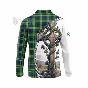 Purves Tartan Long Sleeve Polo Shirt with Family Crest and St. Andrew's Cross Accented by Thistle Vines - Tartan Vibes Clothing