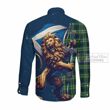 Purves Tartan Family Crest Long Sleeve Button Shirt with Scottish Majestic Lion Men's Shirt - Tartan Vibes Clothing
