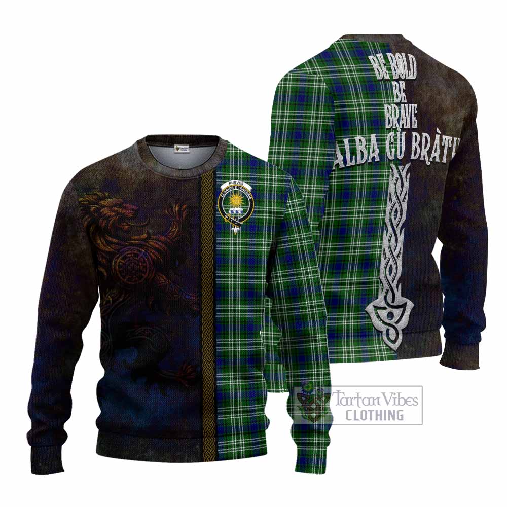 Purves Tartan Family Crest Knitted Sweater Alba Gu Brath Be Brave Lion Ancient Style - Tartan Vibes Clothing