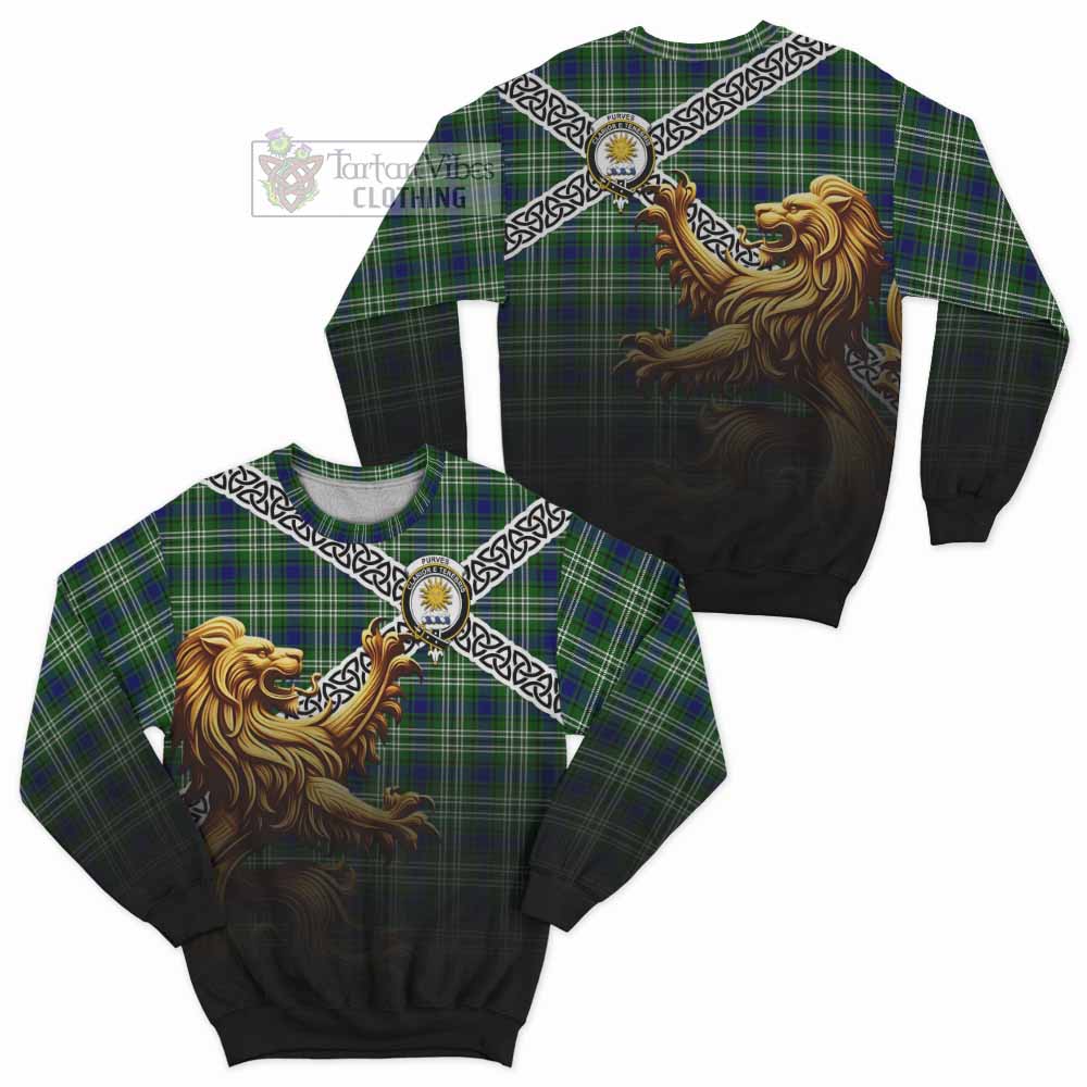 Purves Crest Tartan Sweatshirt with Golden Lion Emblem Celtic Style - Tartan Vibes Clothing