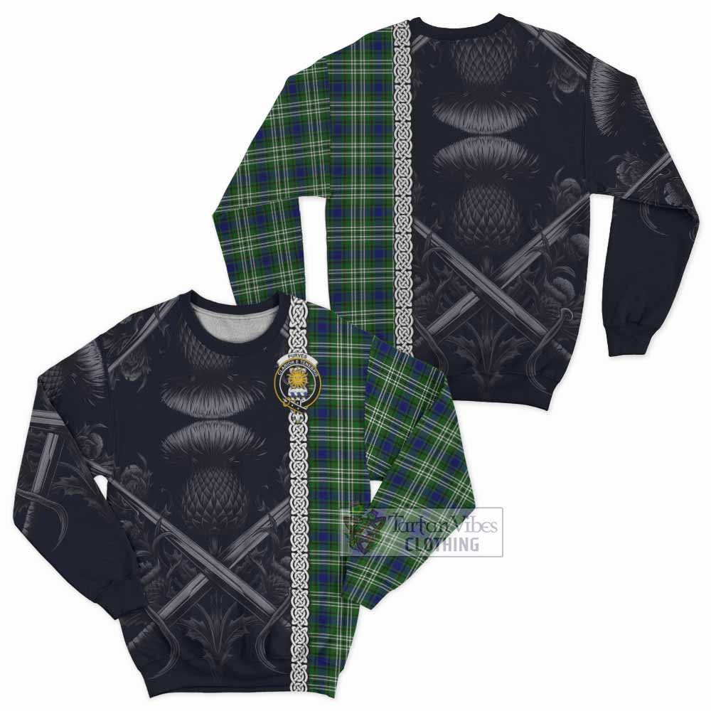 Purves Tartan Sweatshirt with Family Crest Cross Sword Thistle Celtic Vibes - Tartan Vibes Clothing