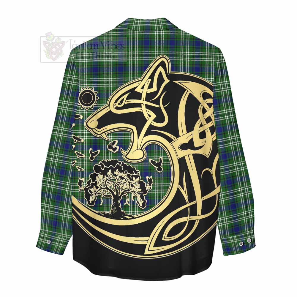 Purves Tartan Women's Casual Shirt with Family Crest Celtic Wolf Style - Tartan Vibes Clothing