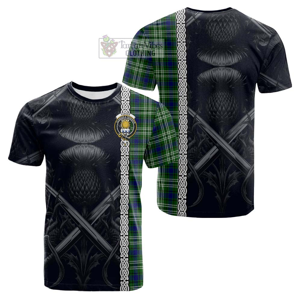 Tartan Vibes Clothing Purves Tartan Cotton T-shirt with Family Crest Cross Sword Thistle Celtic Vibes