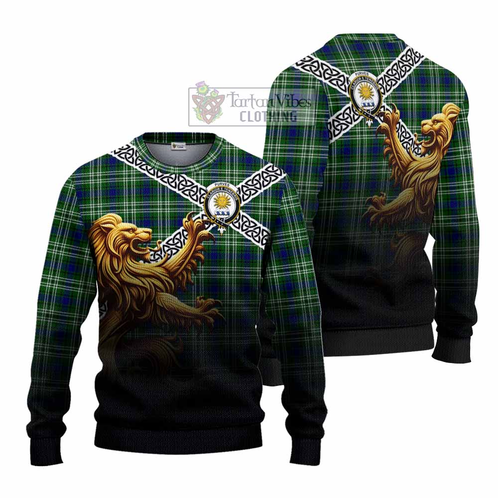 Purves Crest Tartan Knitted Sweater with Golden Lion Emblem Celtic Style - Tartan Vibes Clothing