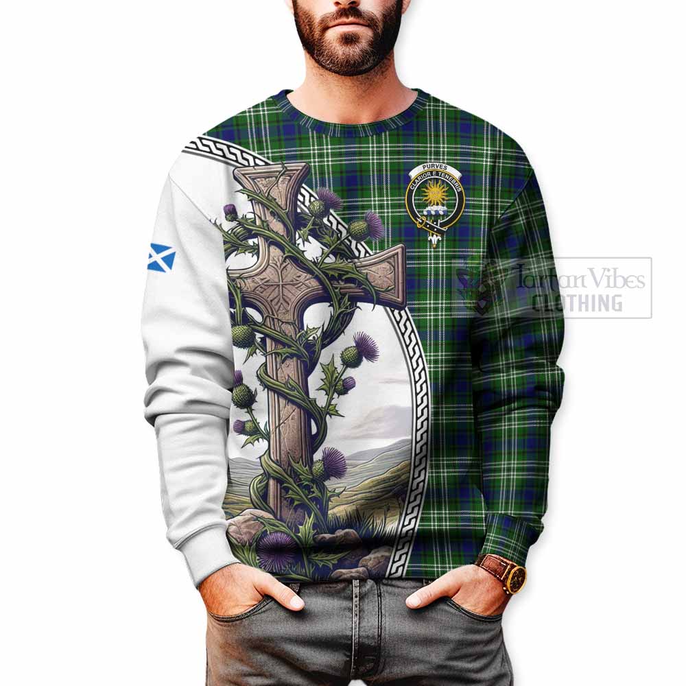 Purves Tartan Sweatshirt with Family Crest and St. Andrew's Cross Accented by Thistle Vines - Tartan Vibes Clothing