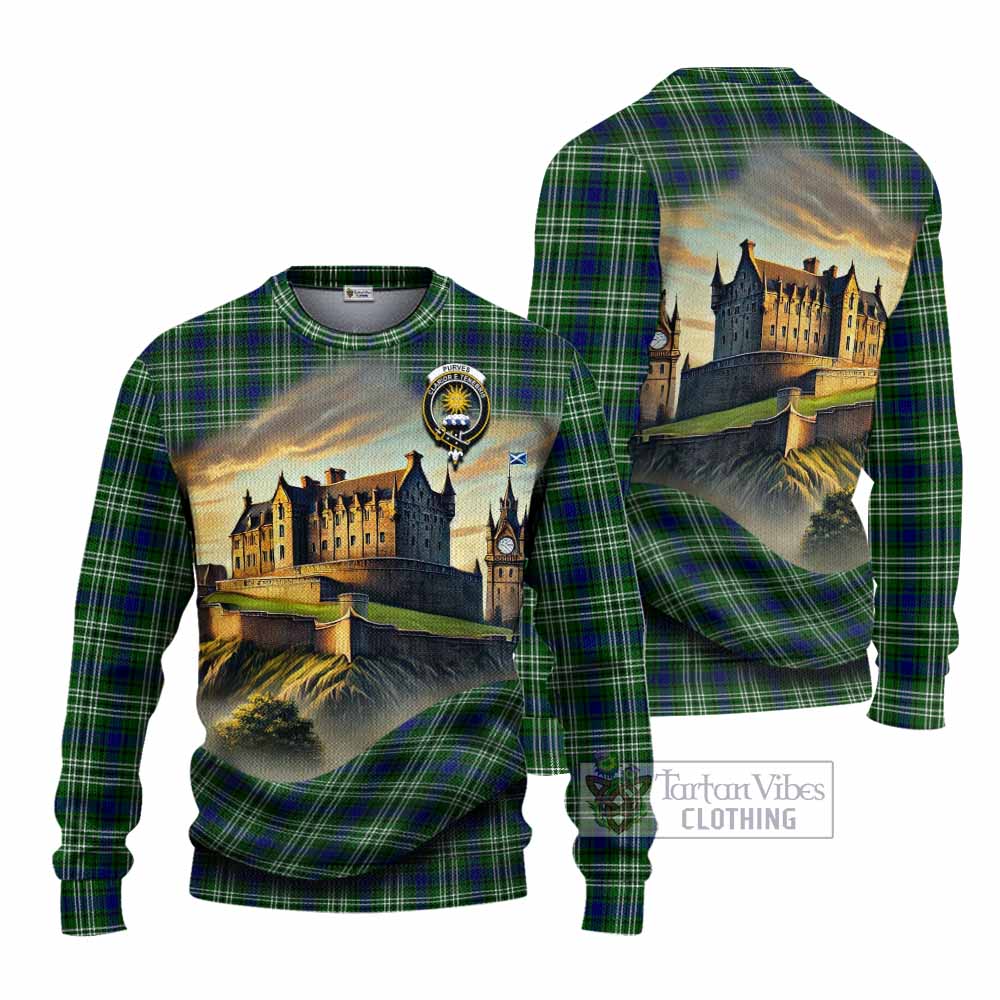 Purves Tartan Family Crest Knitted Sweater with Scottish Ancient Castle Style - Tartan Vibes Clothing