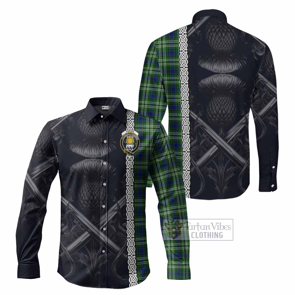 Tartan Vibes Clothing Purves Tartan Long Sleeve Button Shirt with Family Crest Cross Sword Thistle Celtic Vibes
