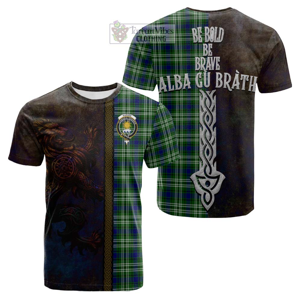 Tartan Vibes Clothing Purves Tartan Family Crest Cotton T-shirt Alba Gu Brath Be Brave Lion Ancient Style