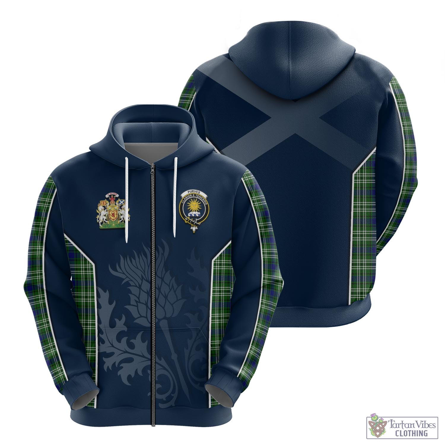 Tartan Vibes Clothing Purves Tartan Hoodie with Family Crest and Scottish Thistle Vibes Sport Style