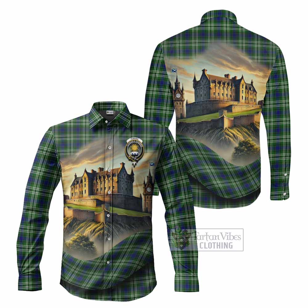 Tartan Vibes Clothing Purves Tartan Family Crest Long Sleeve Button Shirt with Scottish Ancient Castle Style