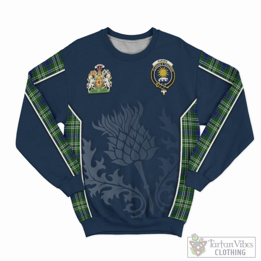 Purves Tartan Sweatshirt with Family Crest and Scottish Thistle Vibes Sport Style - Tartan Vibes Clothing