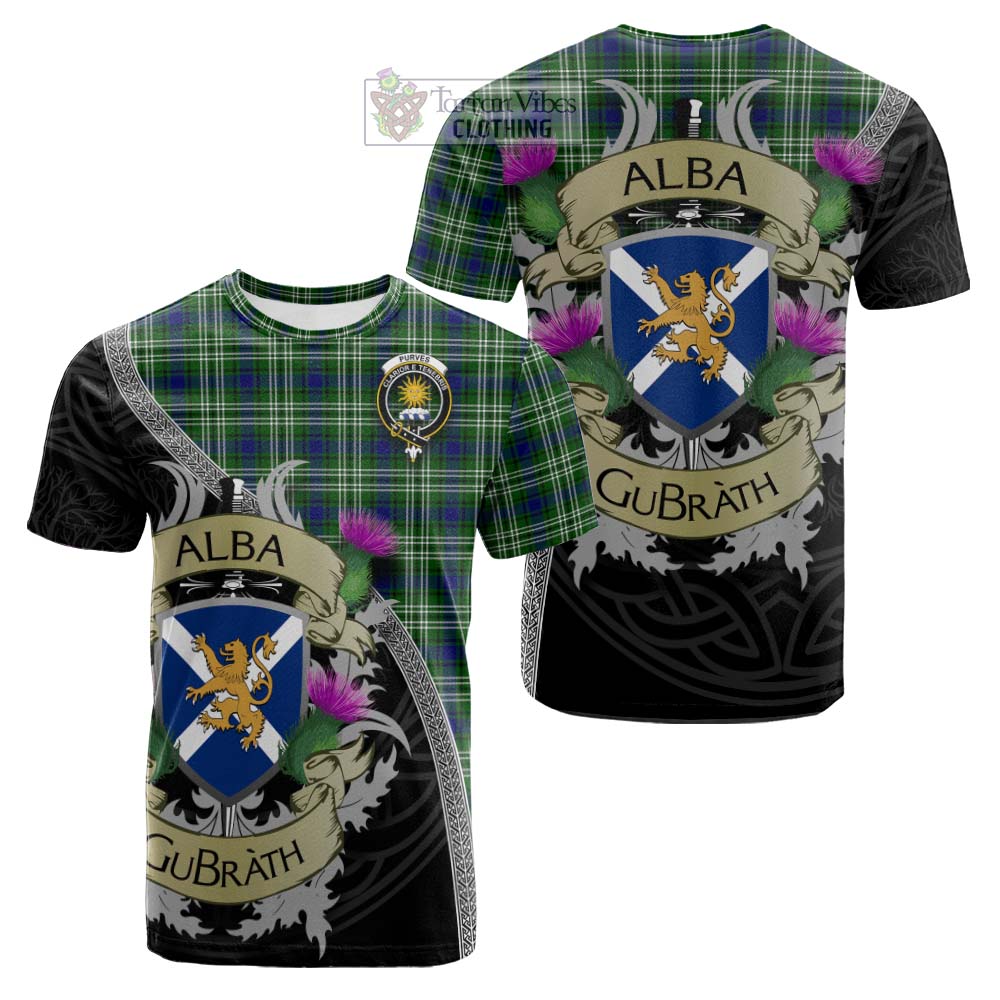 Tartan Vibes Clothing Purves Tartan Family Crest Cotton T-shirt Lion Rampant Royal Thistle Shield Celtic Inspired
