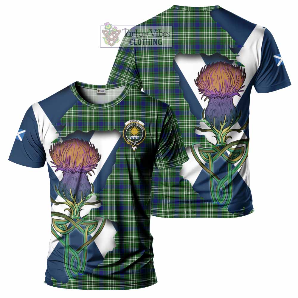 Tartan Vibes Clothing Purves Tartan Family Crest T-Shirt Scottish Thistle Celtic Inspired