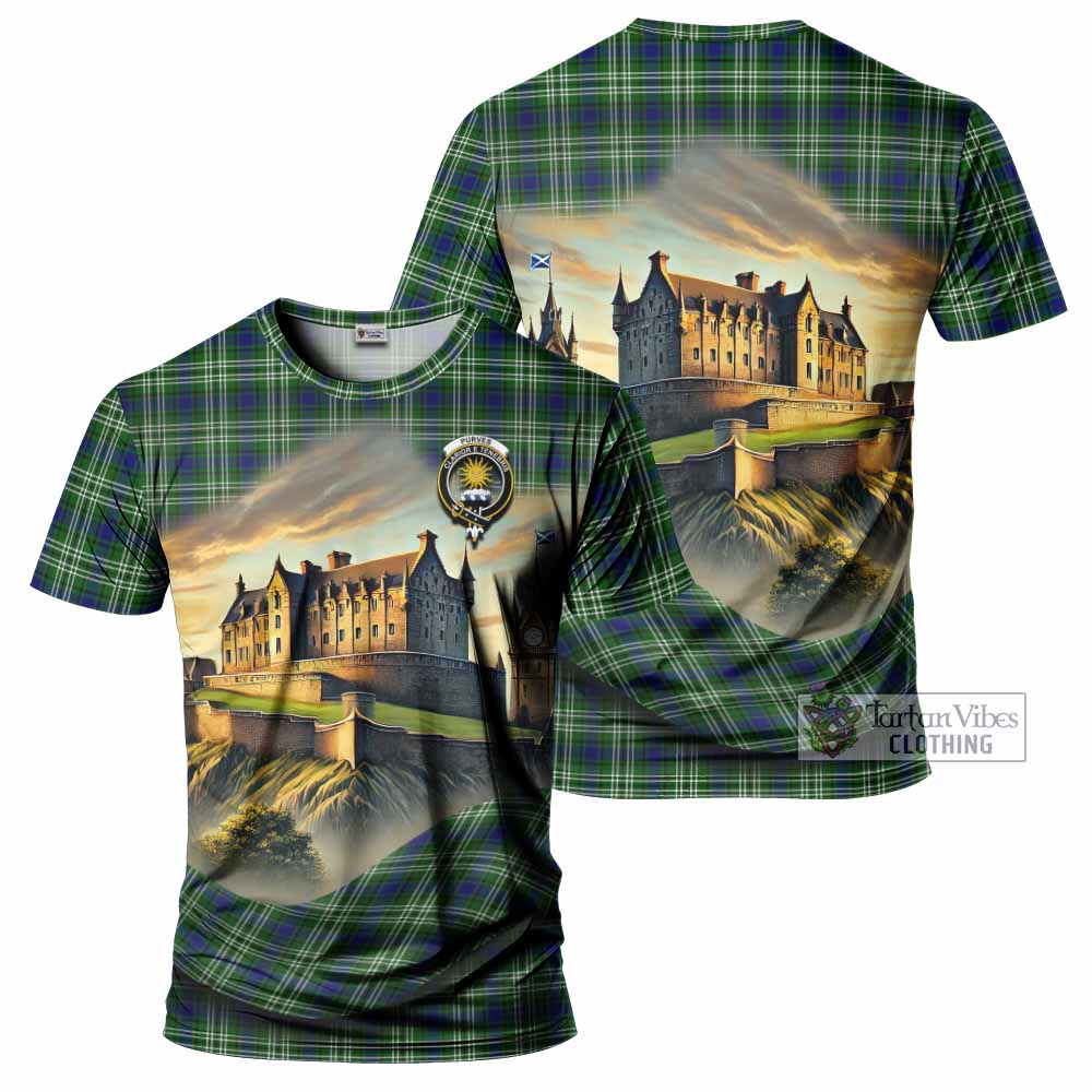 Tartan Vibes Clothing Purves Tartan Family Crest T-Shirt with Scottish Ancient Castle Stype