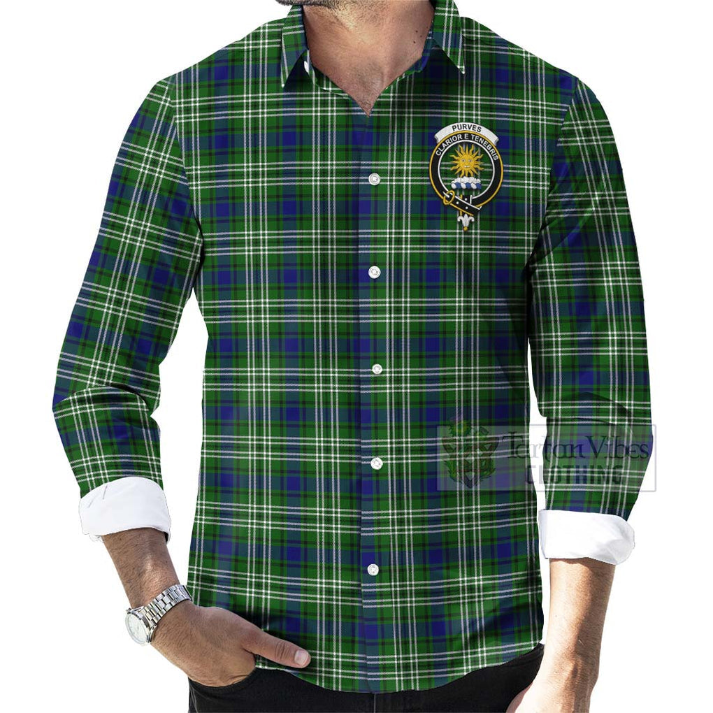 Purves Tartan Long Sleeve Button Shirt with Family Crest Celtic Skull Style - Tartan Vibes Clothing