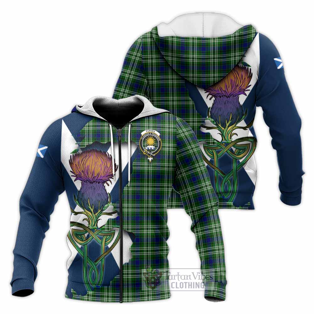 Tartan Vibes Clothing Purves Tartan Family Crest Knitted Hoodie Scottish Thistle Celtic Inspired