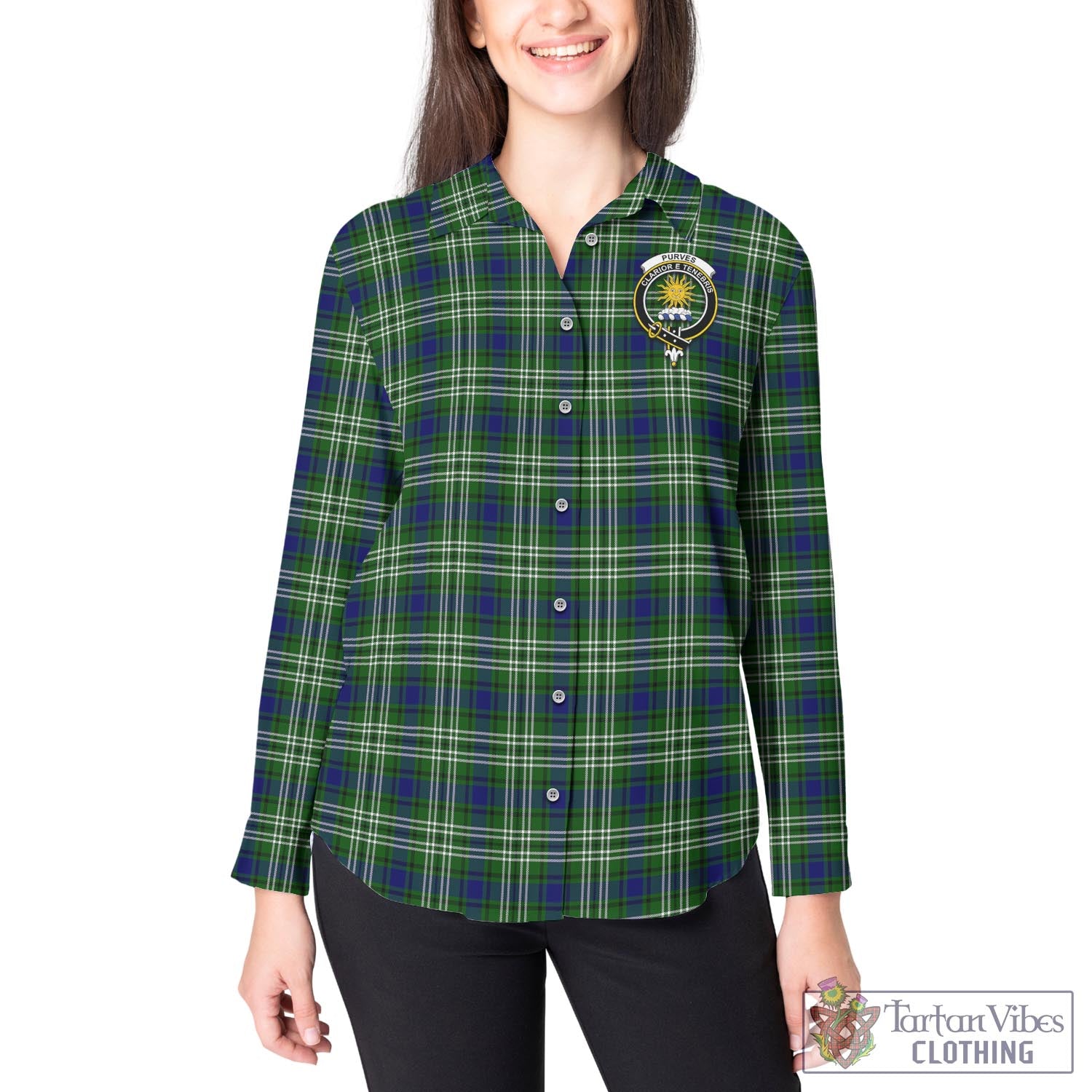 Purves Tartan Women's Casual Shirt with Family Crest - Tartan Vibes Clothing