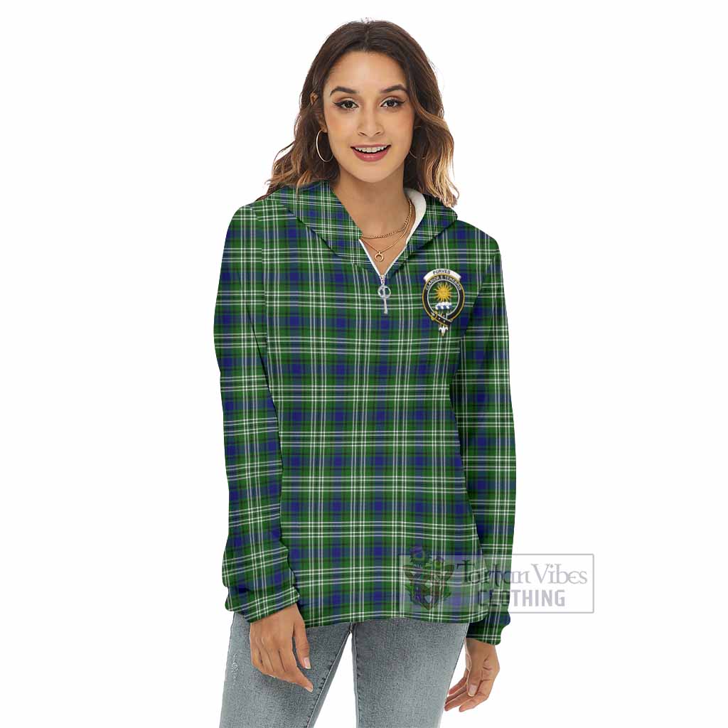 Purves Tartan Women's Borg Fleece Hoodie with Half Zip with Family Crest - Tartan Vibes Clothing