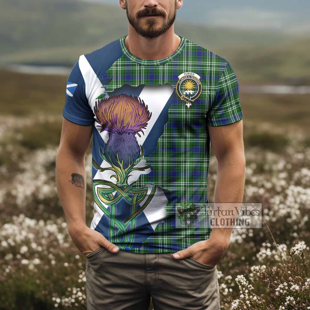 Tartan Vibes Clothing Purves Tartan Family Crest T-Shirt Scottish Thistle Celtic Inspired