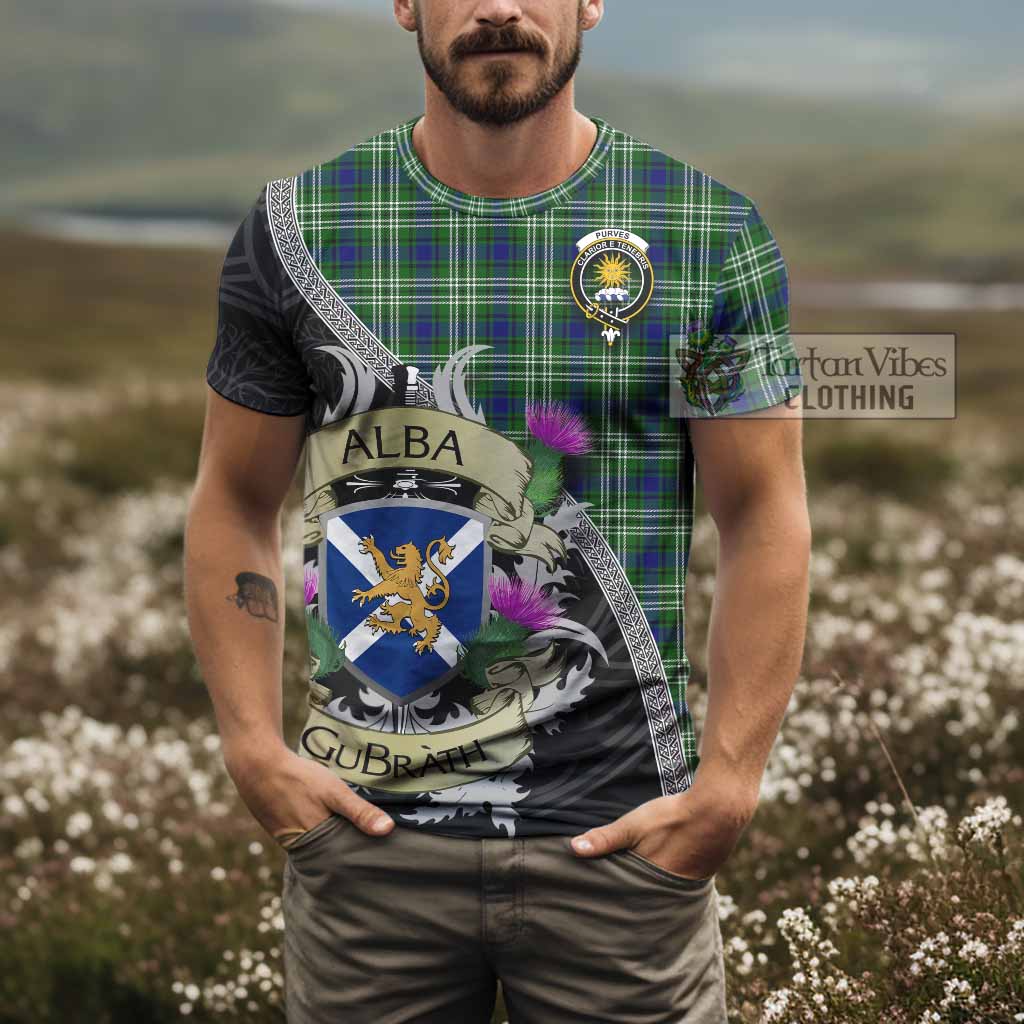 Tartan Vibes Clothing Purves Tartan Family Crest T-Shirt Lion Rampant Royal Thistle Shield Celtic Inspired