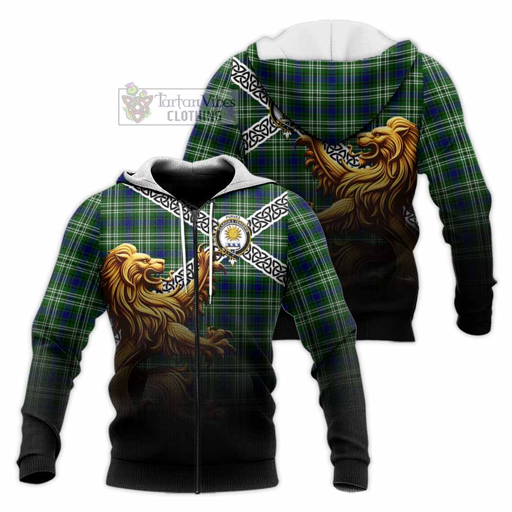 Purves Crest Tartan Knitted Hoodie with Golden Lion Emblem Celtic Style Unisex Knitted Zip Hoodie - Tartan Vibes Clothing