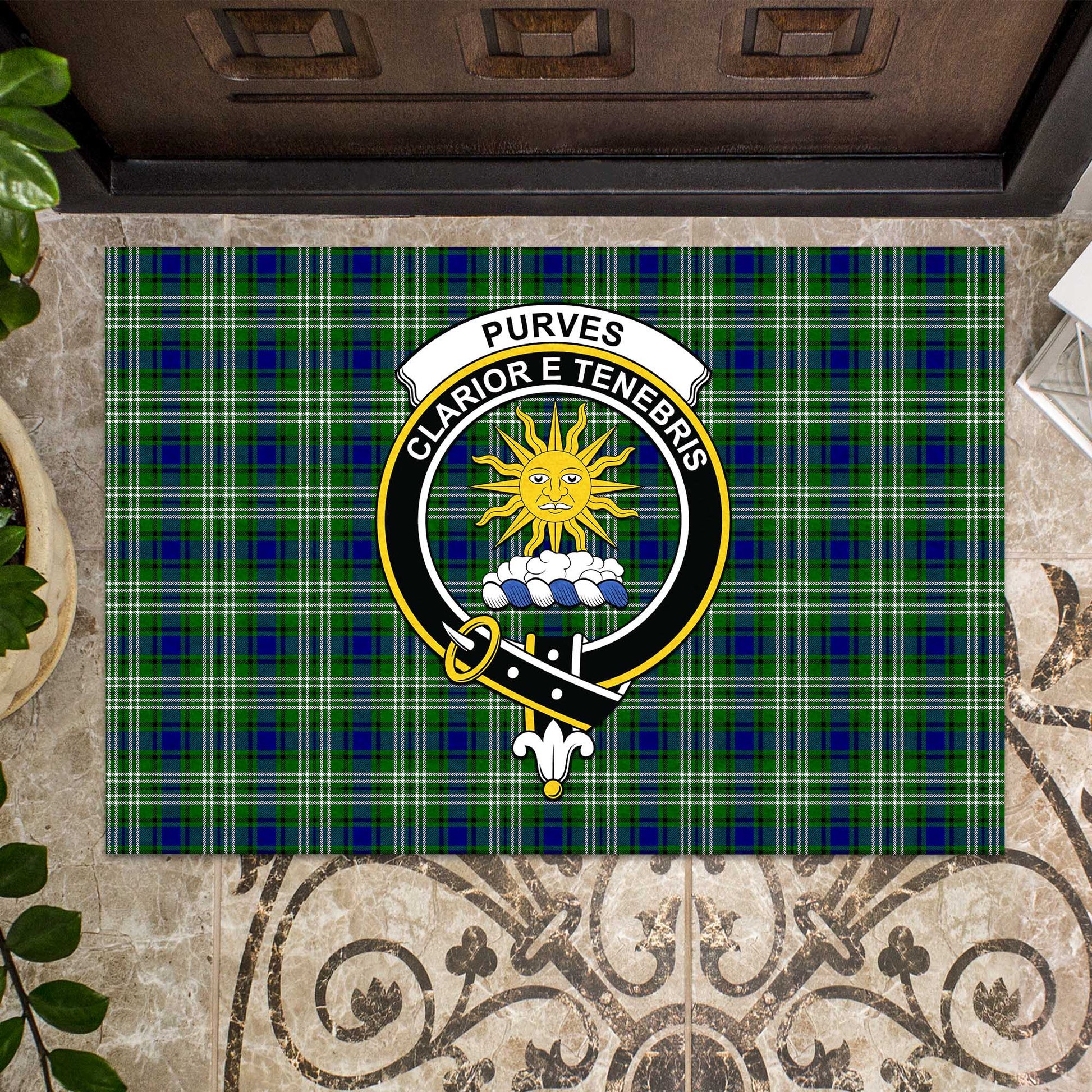 Purves Tartan Door Mat with Family Crest - Tartanvibesclothing