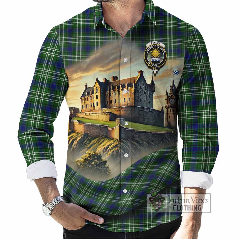 Tartan Vibes Clothing Purves Tartan Family Crest Long Sleeve Button Shirt with Scottish Ancient Castle Style