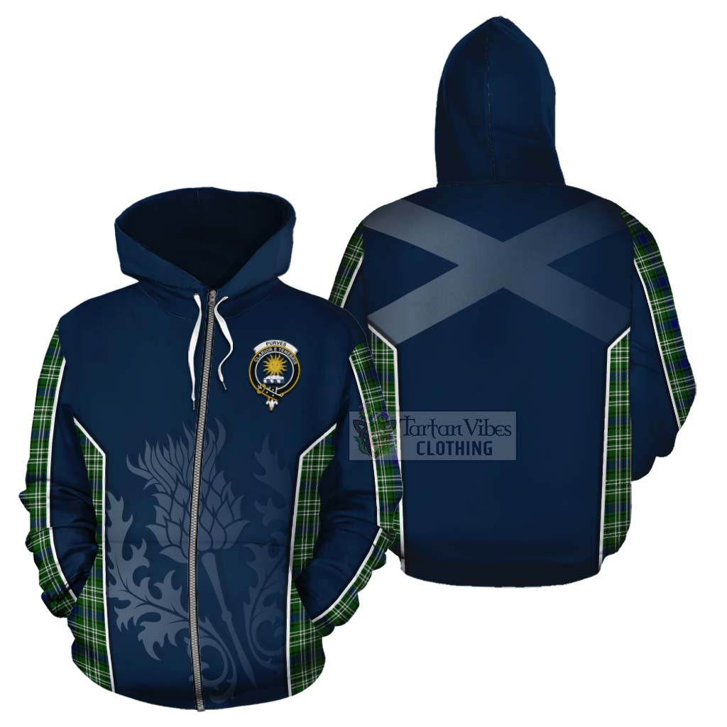 Tartan Vibes Clothing Purves Tartan Cotton Hoodie with Family Crest and Scottish Thistle Vibes Sport Style