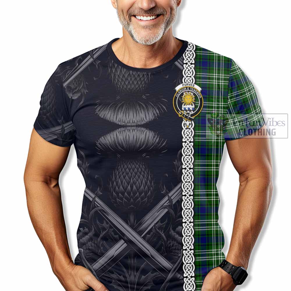 Tartan Vibes Clothing Purves Tartan T-Shirt with Family Crest Cross Sword Thistle Celtic Vibes