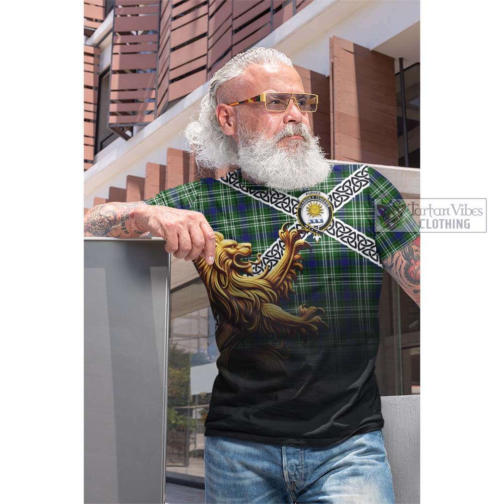 Tartan Vibes Clothing Purves Crest Tartan Cotton T-shirt with Golden Lion Emblem Celtic Style