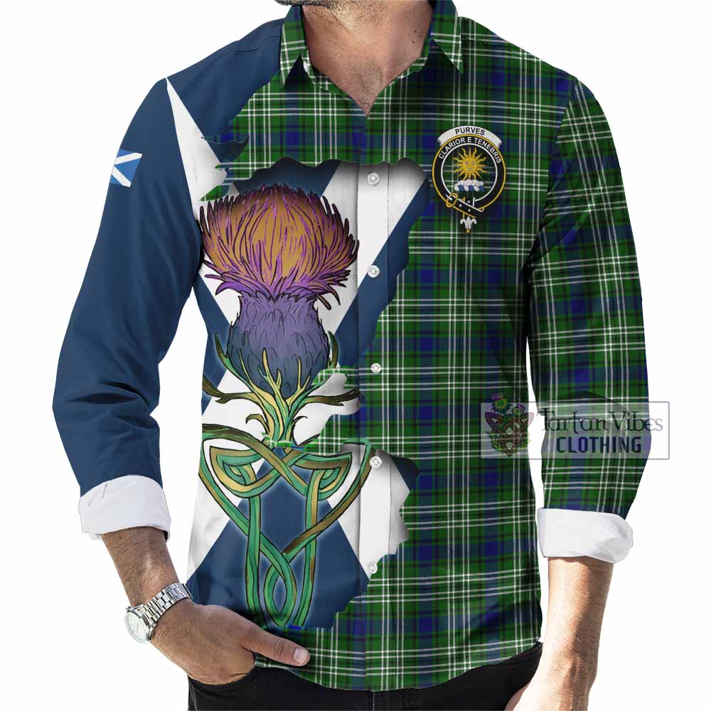 Purves Tartan Family Crest Long Sleeve Button Shirt Scottish Thistle Celtic Inspired - Tartan Vibes Clothing