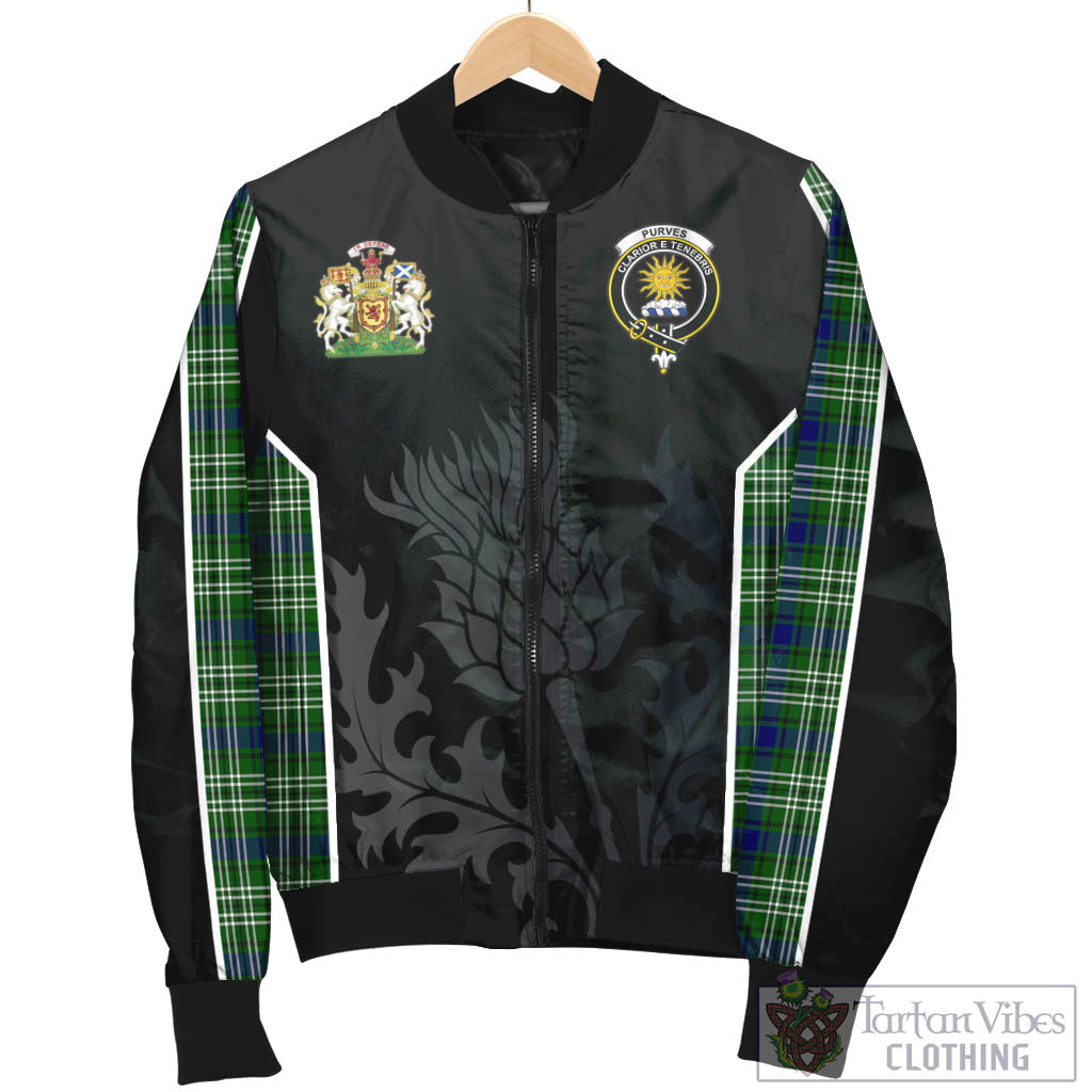 Purves Tartan Bomber Jacket with Family Crest and Scottish Thistle Vibes Sport Style - Tartan Vibes Clothing