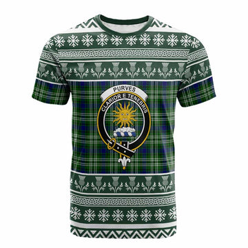 Purves Clan Tartan Christmas Cotton T-shirt with Family Crest