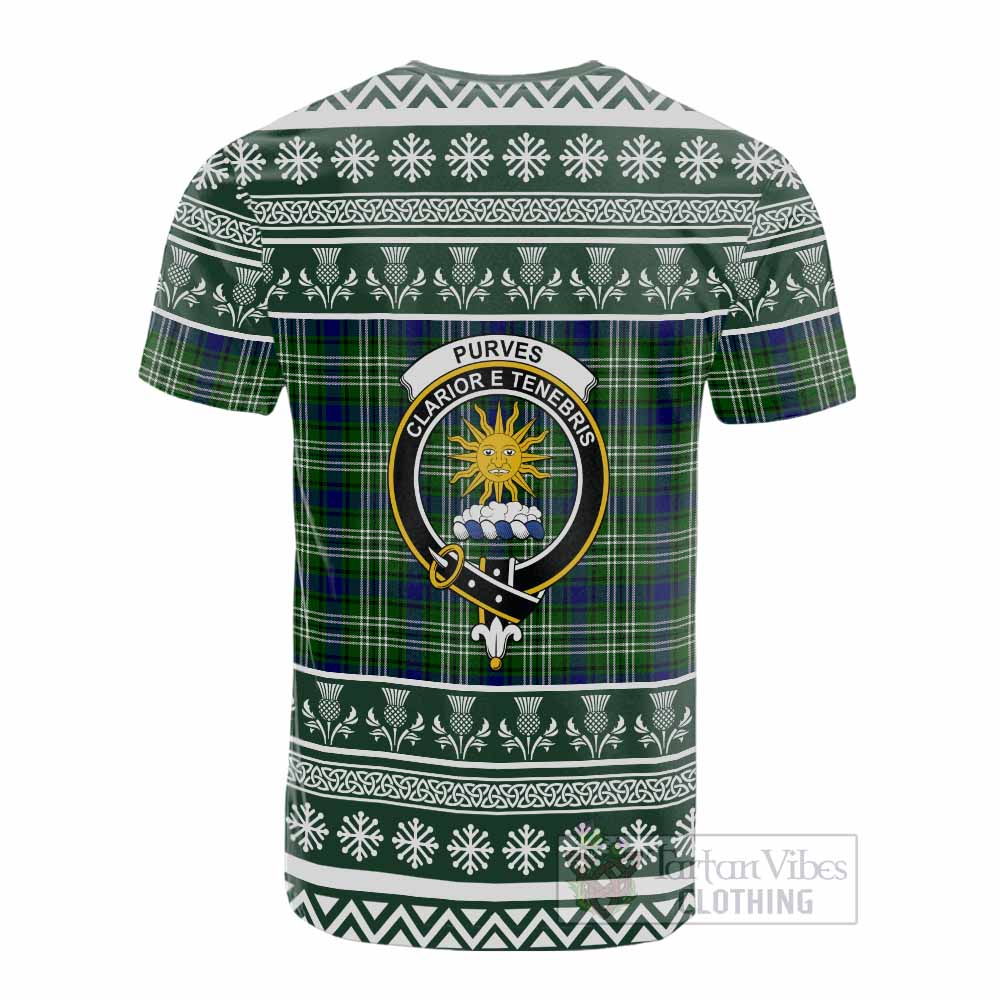 Purves Clan Tartan Christmas Cotton T-shirt with Family Crest - Tartan Vibes Clothing