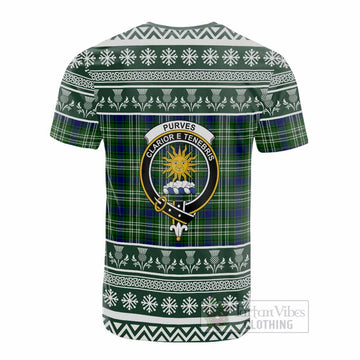 Purves Clan Tartan Christmas Cotton T-shirt with Family Crest