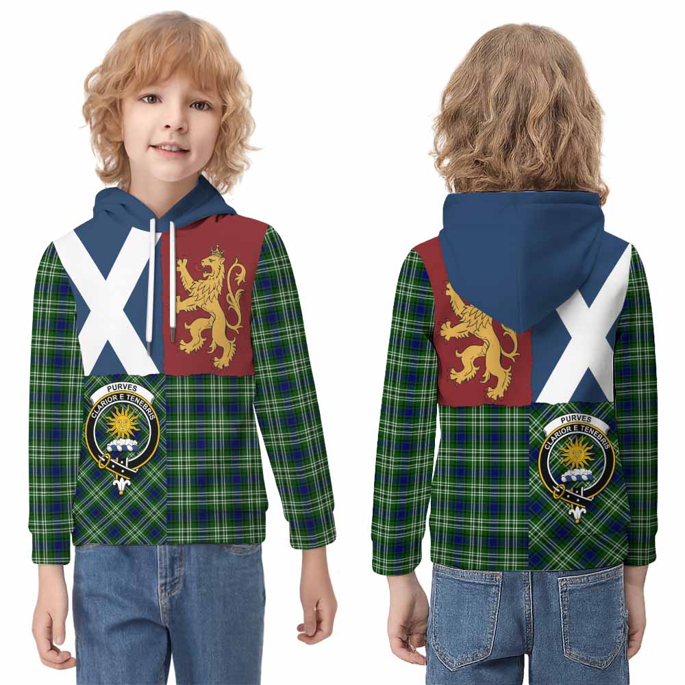 Purves Crest Tartan Kid Hoodie with Lion Rampant Saltire Style - Tartan Vibes Clothing