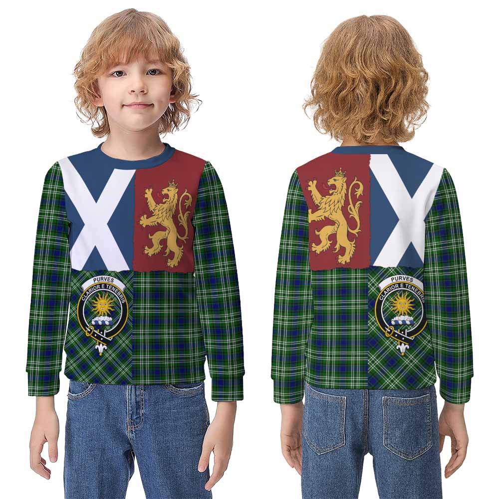Purves Crest Tartan Kid Knitted Sweatshirt with Lion Rampant Saltire Style - Tartan Vibes Clothing