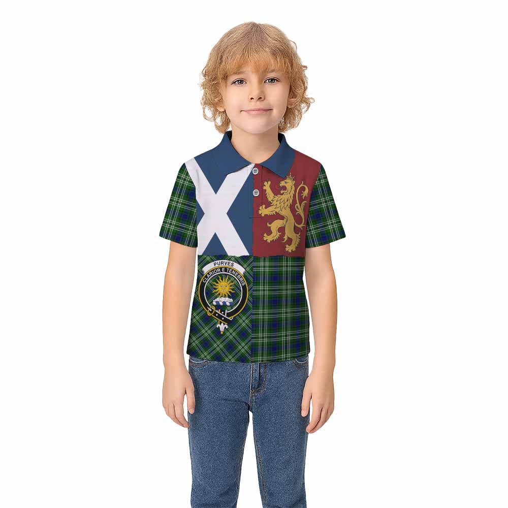Purves Crest Tartan Kid Polo Shirt with Lion Rampant Saltire Style - Tartan Vibes Clothing