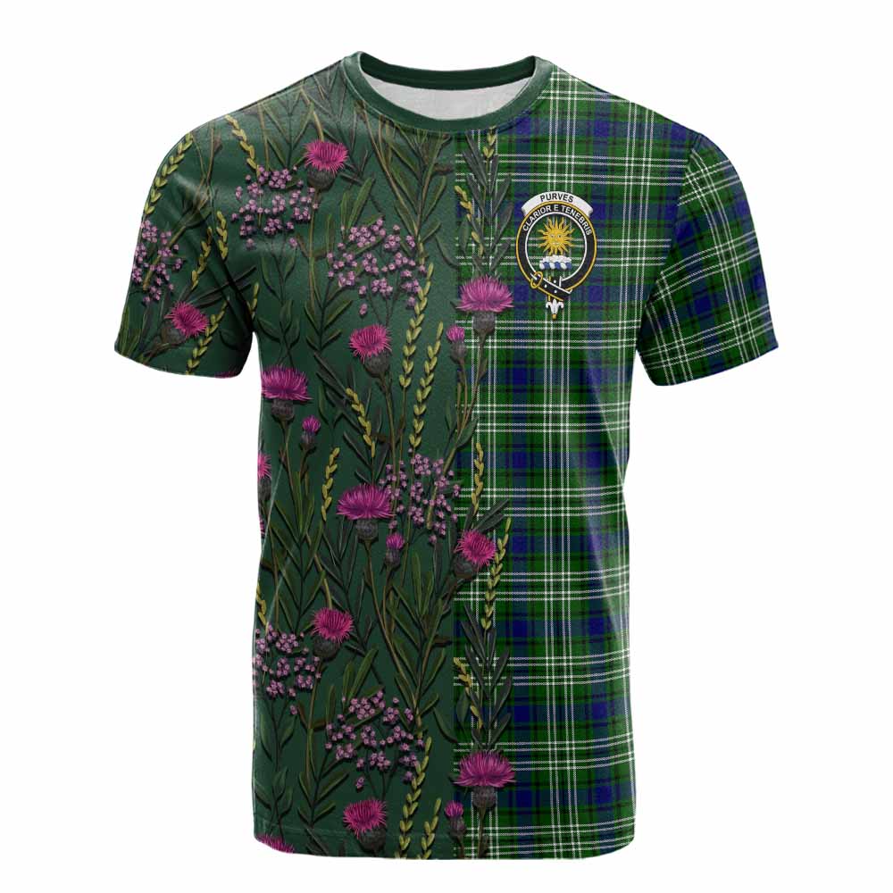 Purves Family Crest Tartan Cotton T-shirt Scottish Thistle Flower Pattern Half Style - Tartan Vibes Clothing