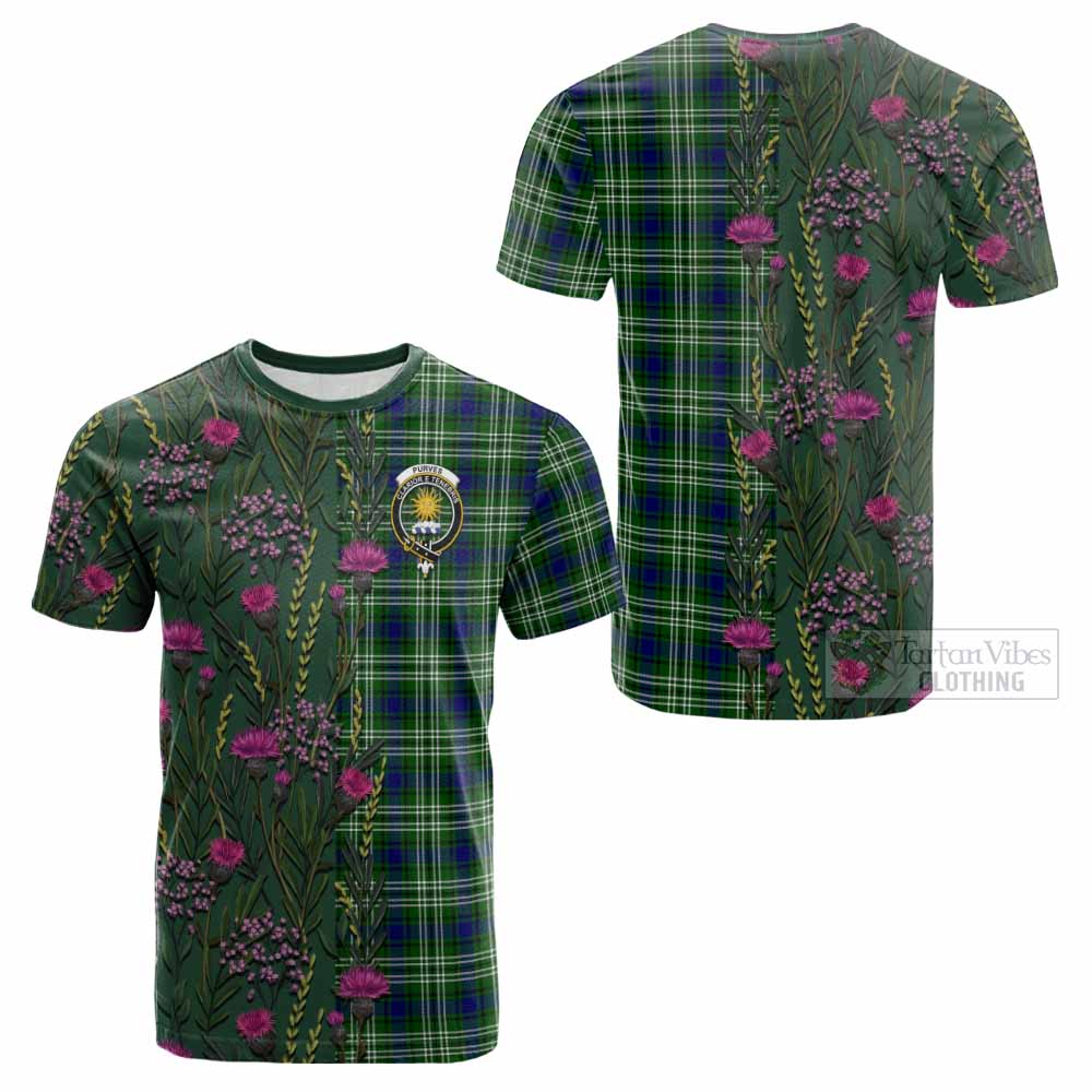 Purves Family Crest Tartan Cotton T-shirt Scottish Thistle Flower Pattern Half Style - Tartan Vibes Clothing